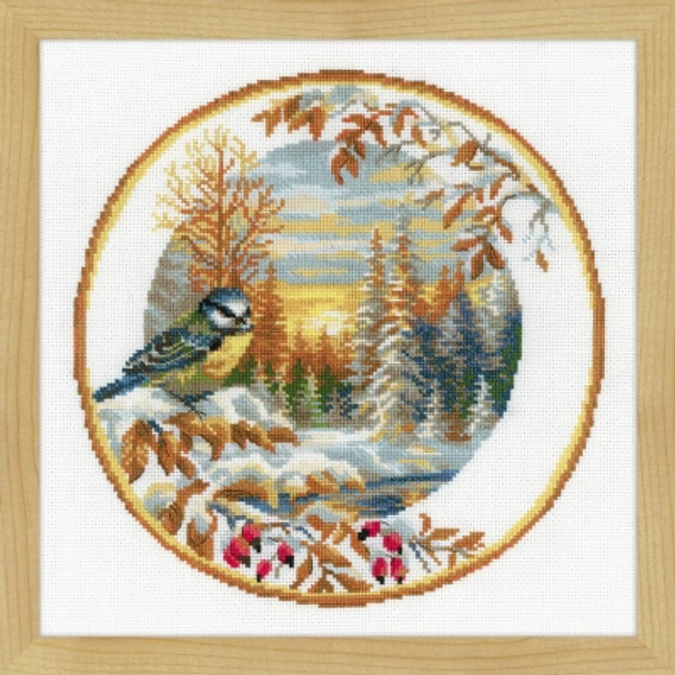 RL1692 Riolis Cross Stitch Kit Plate with Great Tit 11.75" x 11.75" ; White Aida; 14ct