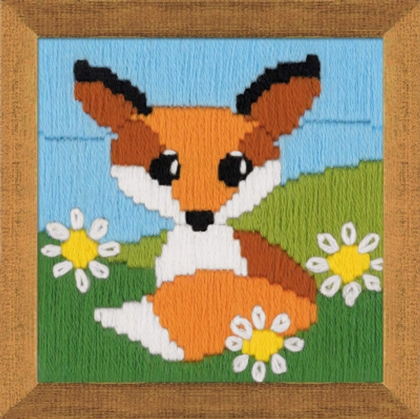 RL1714 Riolis Long Stitch Kit Fox In Daisies Twisted stramine with printed pattern. ; 4" x 4"