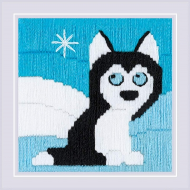 RL1716 Riolis Long Stitch Kit Husky in Snowdrifts Pre-printed fabric. 4" x 4" 14ct 