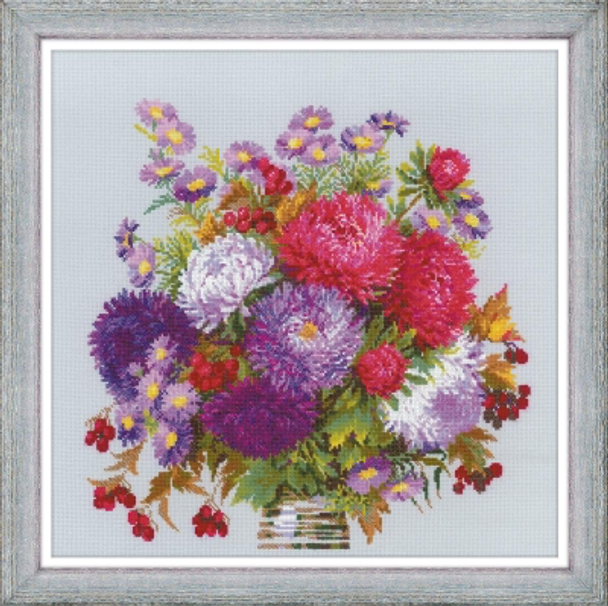 RL1773 Riolis Cross Stitch Kit Bouquet with Asters 15.75" x 15.75"; Gray Aida; 14ct 