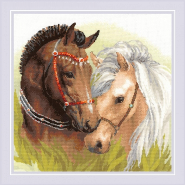 RL1864 Riolis Cross Stitch Kit Pair of Horses 15.75" x 15.75"; White Aida; 14ct