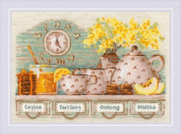 RL1873 Riolis Cross Stitch Kit Tea Time 11.75" x 8.25"; Flaxen Aida 14ct & White Aida 18ct