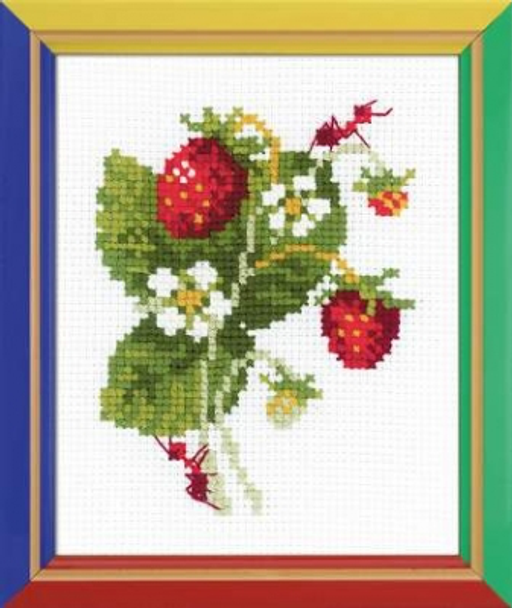 RLHB172 Riolis Cross Stitch Kit Wild Strawberry 5" x 6.25"; White Aida; 10ct 