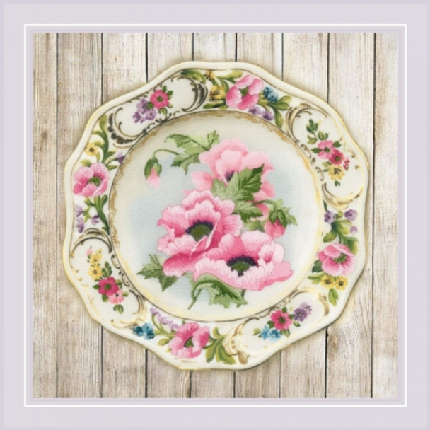 RLPT0075 Riolis Cross Stitch Kit Plate with Pink Poppies 8.25" x 8.25" ; Pre-printed picture 
