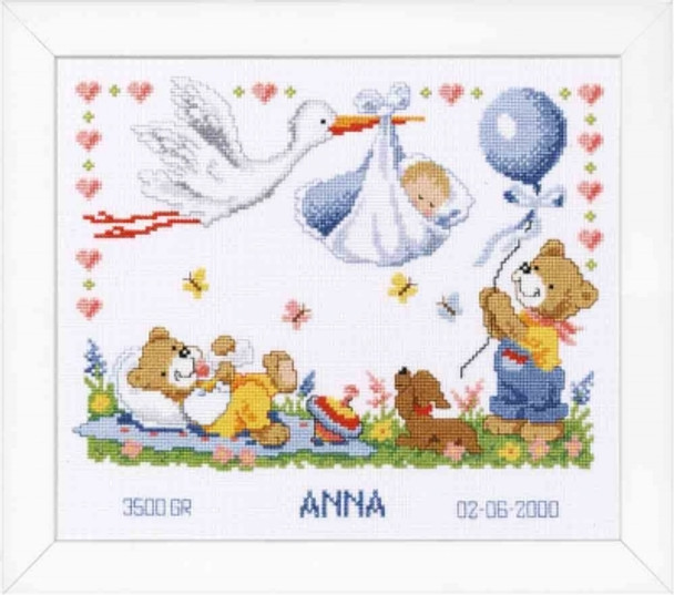 PNV11996 Stork brings baby 11.2" x 9.6"; Aida; 14ct  Vervaco Counted cross stitch kit 