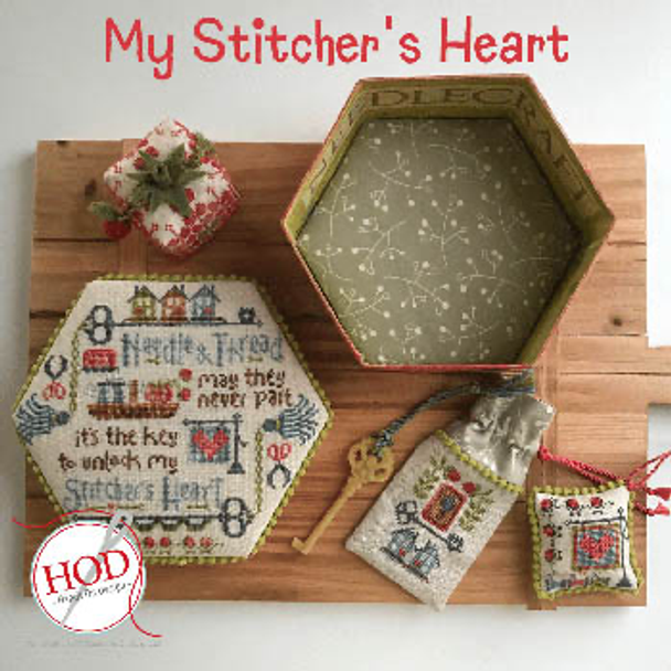 My Stitcher's Heart Stitch counts are: Hexagonal Box Lid is 121 x 104, Scissor Fob (2 pcs.) 42 x 42, Waxkeep is 33 x 47 & Pincushion is 130 x 130 by Hands On Design 20-1840 YT