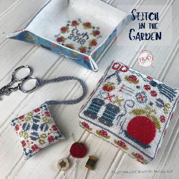 Stitch In The Garden Stitch counts are: Pincushion is 49 x 49 & 196 x 16, Fob is 42 x 42 & Tray is 37 x 37 by Hands On Design 20-1839