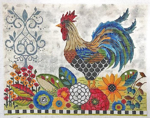 KCA45-18 Provence Rooster 18 Mesh Canvas - 11"w x 8.5"h With Stitch Guide Kelly Clark Needlepoint