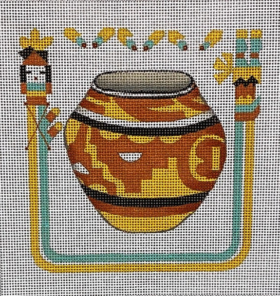 J-50 Yellow & Terra Cotta Pot with Southwest Border 6x6 18 Mesh DESIGNS BY JINICE