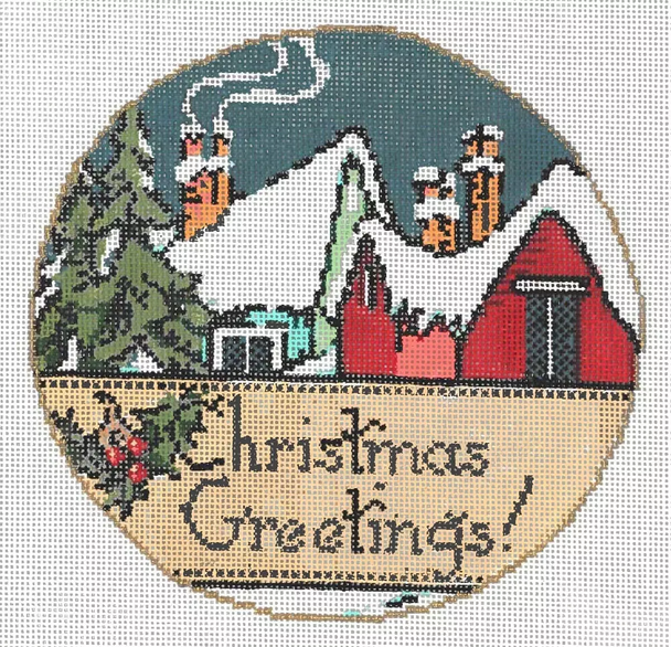 Village Christmas Greetings 6.5 dia.  18ct Once In A Blue Moon By Sandra Gilmore 18-1224