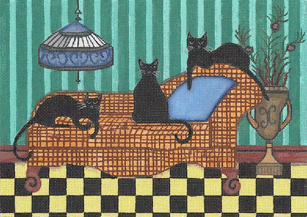 CL-102 Black Cats on Orange Couch 11”x 8” 18 Mesh Cindi Lynch Designs