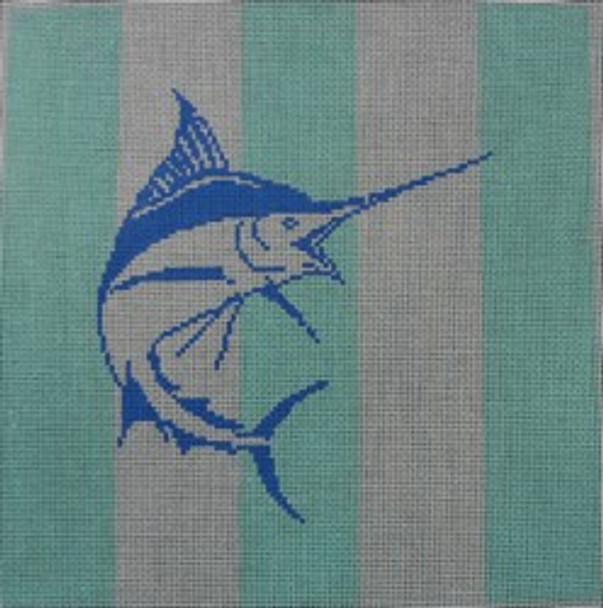 P143	8 x 8 	Blue Marlin on Mint Stripes	 18 Mesh Kristine Kingston Needlepoint Designs