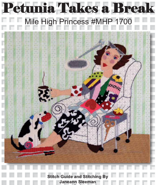 MH1700 Petunia on a Break Shown Finished 11 x 15 18 Mesh With Stitch Guide Mile High Princess Designs