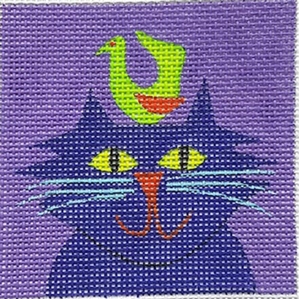 ZE664 Purple Cat with Green Bird 3″ x 3″ 18 Mesh Zecca