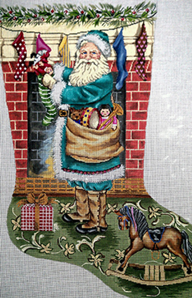 CHRISTMAS GE649 Santa w/ rocking horse Stocking 23 x 15 18 Mesh Gayla Elliott