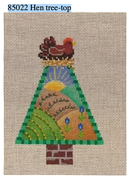 85022 Hen tree-top Approximately 4.5” x 5.5” festive tree 18 mesh Patti Mann 