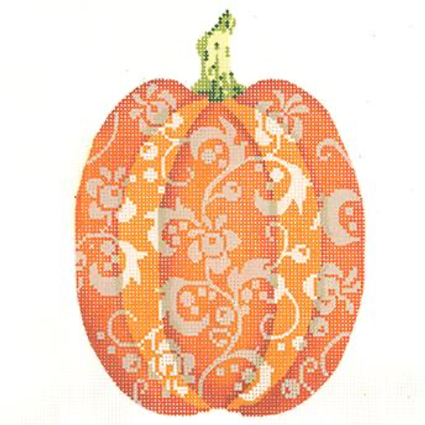 KCN1565 Tall Orange Floral Pumpkin 4.25"w x 6"h - 18 Mesh  Kelly Clark Needlepoint