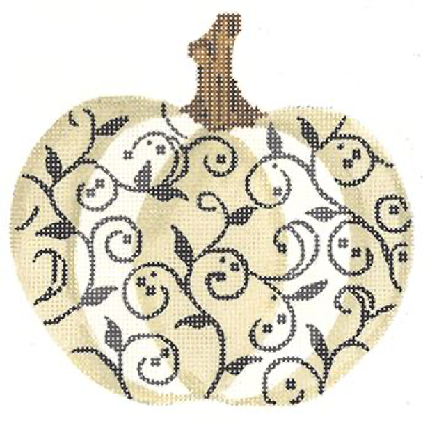 KCN1563 Ivory and Charcoal Scroll Pumpkin 4.5"w x 4.5"h - 18 Mesh  Kelly Clark Needlepoint