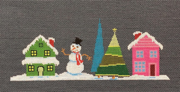 ASIT202d Pink House with Snowman With Stitch Guide 10 X 5 18 Mesh A Stitch In Time