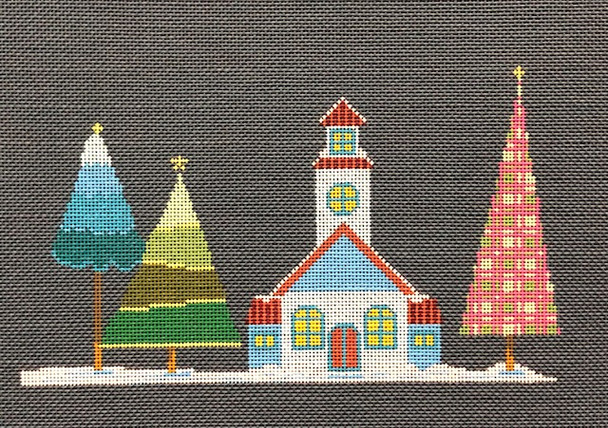 ASIT202g Blue Church  4.75X8.75	 18 Mesh A Stitch In Time