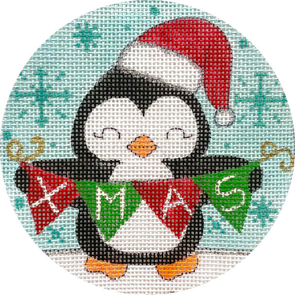 APX433 PENGUIN IN CHRISTMAS SLED 18 mesh 4" ROUND Alice Peterson Designs