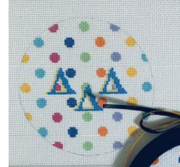 Sorority 1904-TD Delta Delta Delta multi dot w/letters 4" round 18 Mesh Kangaroo Paw Designs