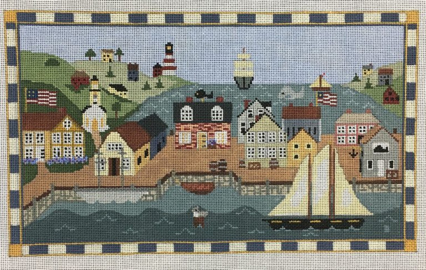 JP313 NEW ENGLAND WHARF W/BORDER 13′′ x 7.75′′  18 Mesh Julie Paukert Designs