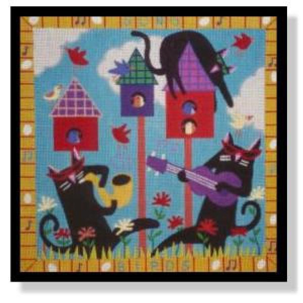 NC179	Name the Tune	 Cats, Birds, Girdhouses 10 x 10	13 Mesh DESIGNS BY NANCY COFFELT Quail Run Designs