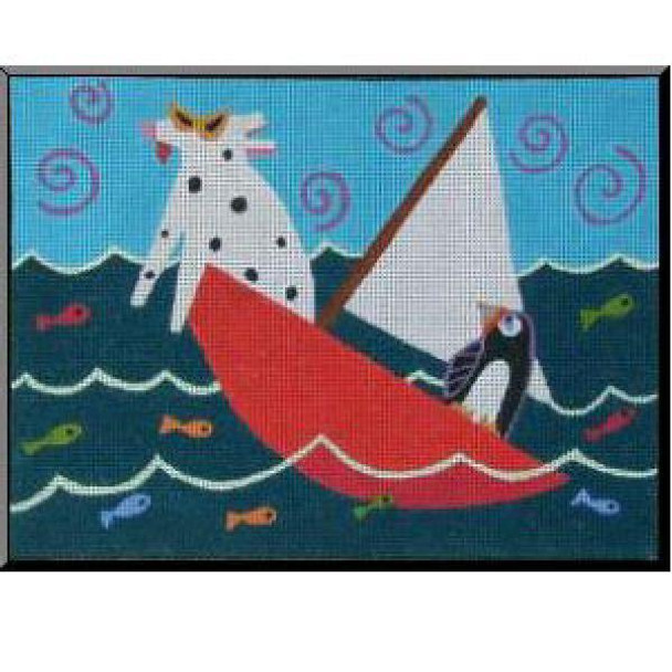 NC188	Too Rough	Dog Penguin Boating 12 x 9	13 Mesh DESIGNS BY NANCY COFFELT Quail Run Designs