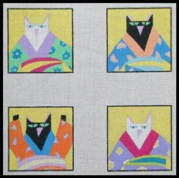 NC203	4 Cats 4" Kimonos (coasters)	coasters	13 Mesh DESIGNS BY NANCY COFFELT Quail Run Designs