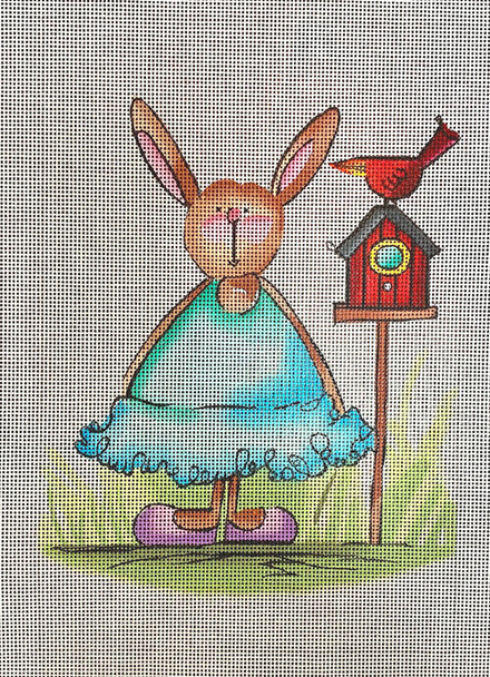 RC003 Rabbit with bird 18 mesh 7x 9 Ruthie Carlson