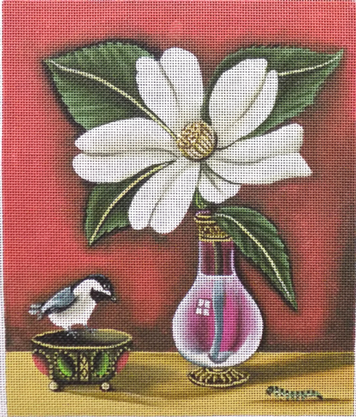 CN-1516 Chickadee And Vase 10" x 12" 18 mesh By Catherine Nolin Floral