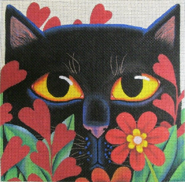 VM1705 Black Cat With Flowers 10" x 10" 13 Mesh Vicky Mount