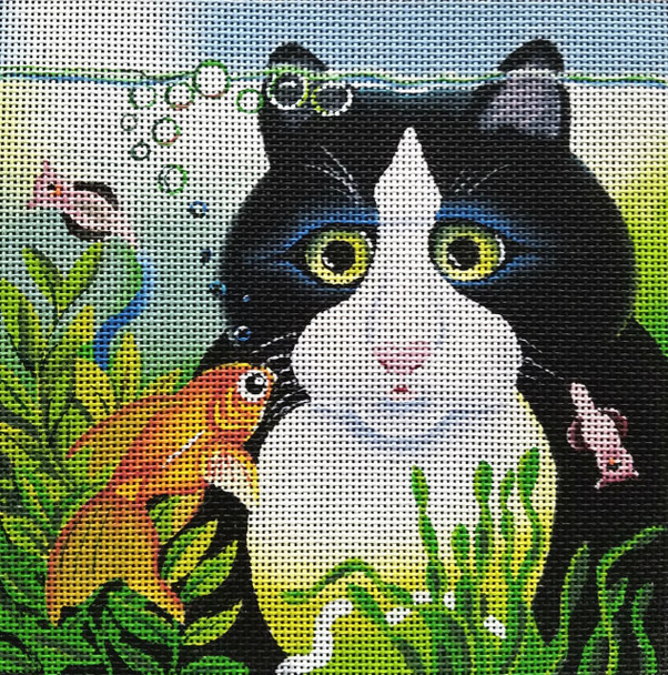 VM1712 So Near Cat And Fish 8" x 8" 18 Mesh By Vicky Mount