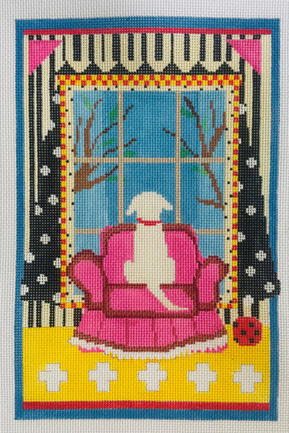 Dog in Window, White (LW-1800B) 13 Mesh  7” x 11” Prairie Designs Needlepoint