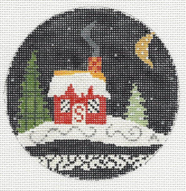 LW-1912-A Snow Scene - Red House  Design Area:  4” round 18 Mesh Prairie Designs Needlepoint