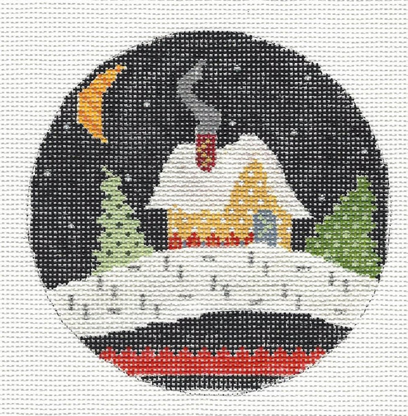 LW-1912-B Snow Scene - Yellow House   Design Area:  4” round 18 Mesh Prairie Designs Needlepoint