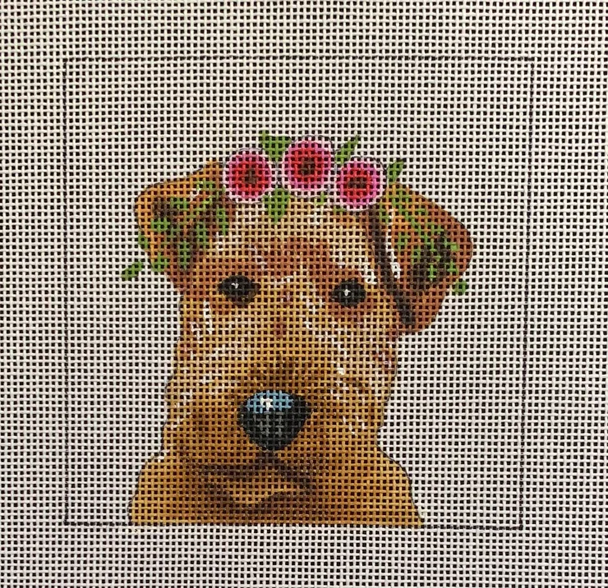 IN073 welsh terrier w floral crown  4x4 18 Mesh Colors of Praise 