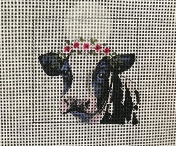 4 x 4 Square Insert IN079 dairy cow w floral crown  18 Mesh Colors of Praise