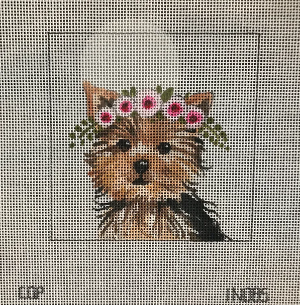 IN085 yorkie w floral crown 4x4 18 Mesh Colors of Praise 