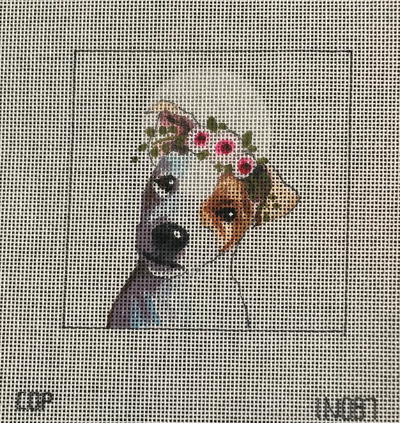 IN087 jack russell w floral crown 4x4 18 Mesh Colors of Praise 