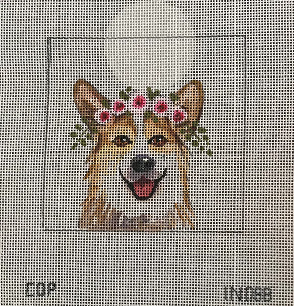 IN088 corgi w floral crown  4x4 18 Mesh Colors of Praise 