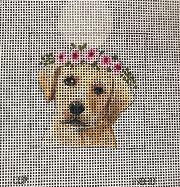 IN090 yellow lab w floral crown 4x4 18 Mesh Colors of Praise 