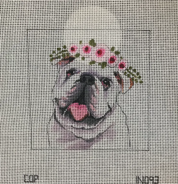 IN093 bulldog w floral crown 4x4 18 Mesh Colors of Praise 