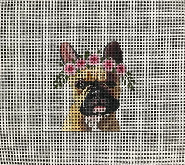 IN096  french bulldog w floral crown 4x4 18 Mesh Colors of Praise 