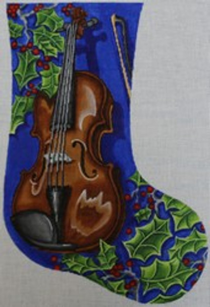 R275  10 x 14.5 Violin Stocking With Holly 18 Mesh Robbyn's Nest Designs