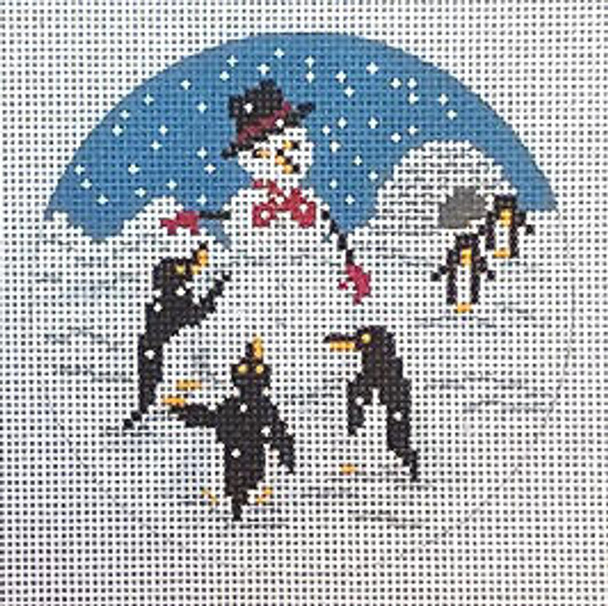 #1801 Penguin Snowman Party  4" Round 18 Mesh Needle Crossings 