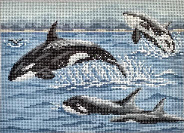 #1107	  Pod of Orcas  9-1/2" x 7"  13 Mesh  Needle Crossings