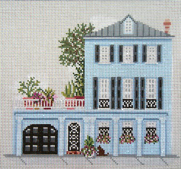 #843 Blue Row House  18 Mesh 7" x 6-1/2"  (Charleston, SC) Needle Crossings