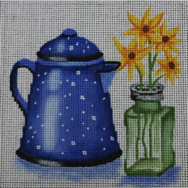 R158 Blue Teapot and Flowers 6 x 6  18 Mesh Robbyn's Nest Designs